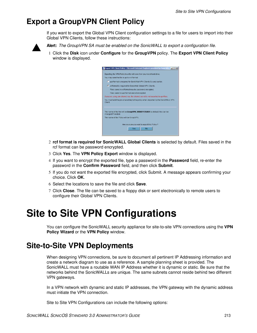 SonicWALL manual Site to Site VPN Configurations, Export a GroupVPN Client Policy, Site-to-Site VPN Deployments, 213 