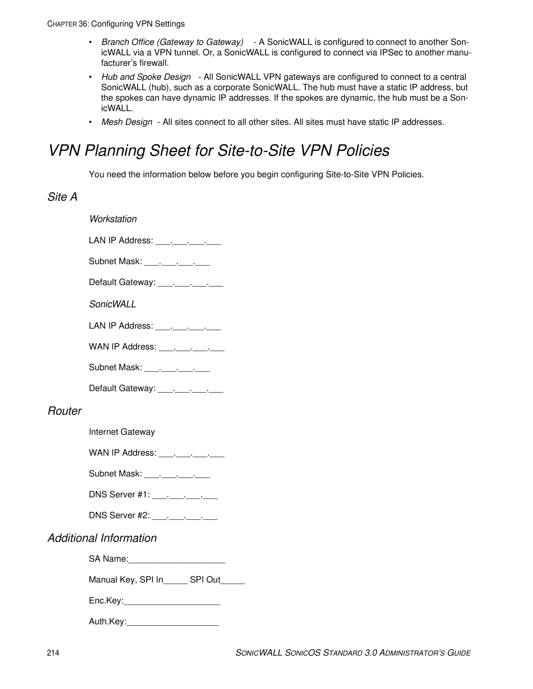 SonicWALL 3 manual VPN Planning Sheet for Site-to-Site VPN Policies, Site a, Router, Additional Information 