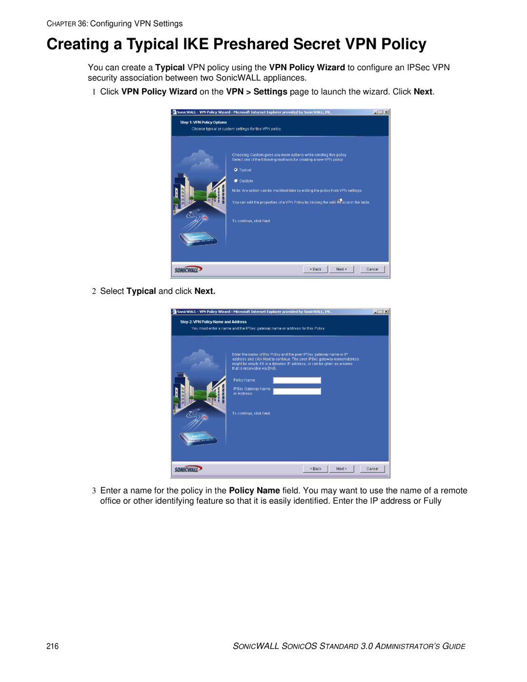 SonicWALL 3 manual Creating a Typical IKE Preshared Secret VPN Policy 