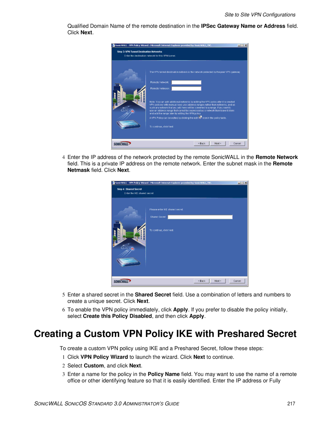 SonicWALL 3 manual Creating a Custom VPN Policy IKE with Preshared Secret, 217 