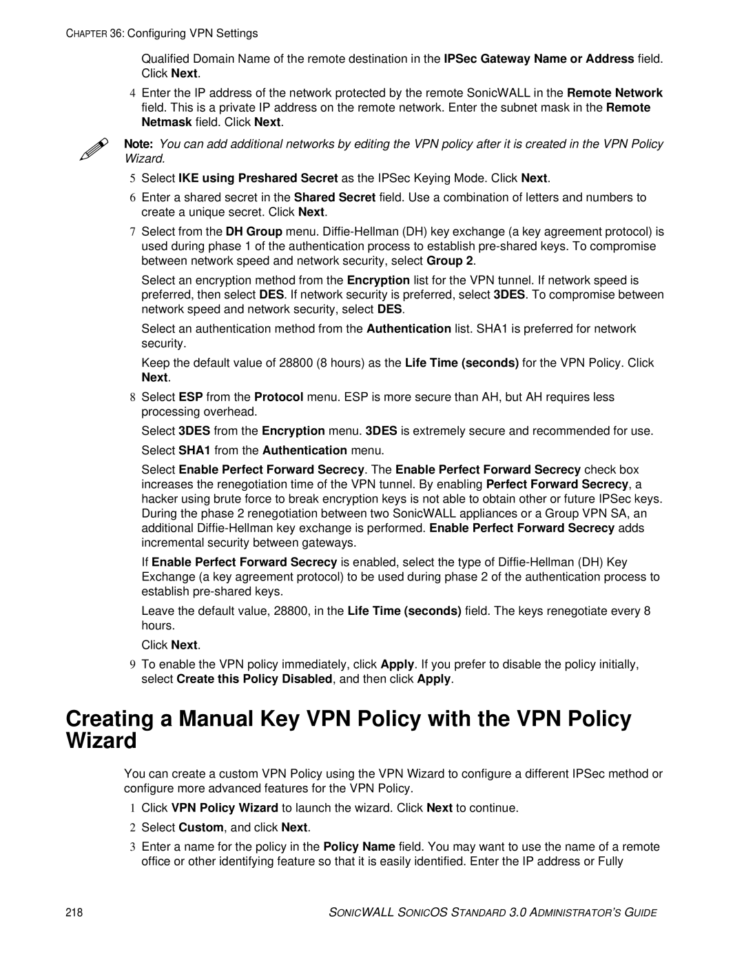 SonicWALL 3 manual Creating a Manual Key VPN Policy with the VPN Policy Wizard 