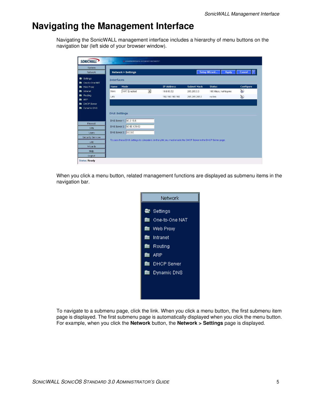 SonicWALL 3 manual Navigating the Management Interface, SonicWALL Management Interface 