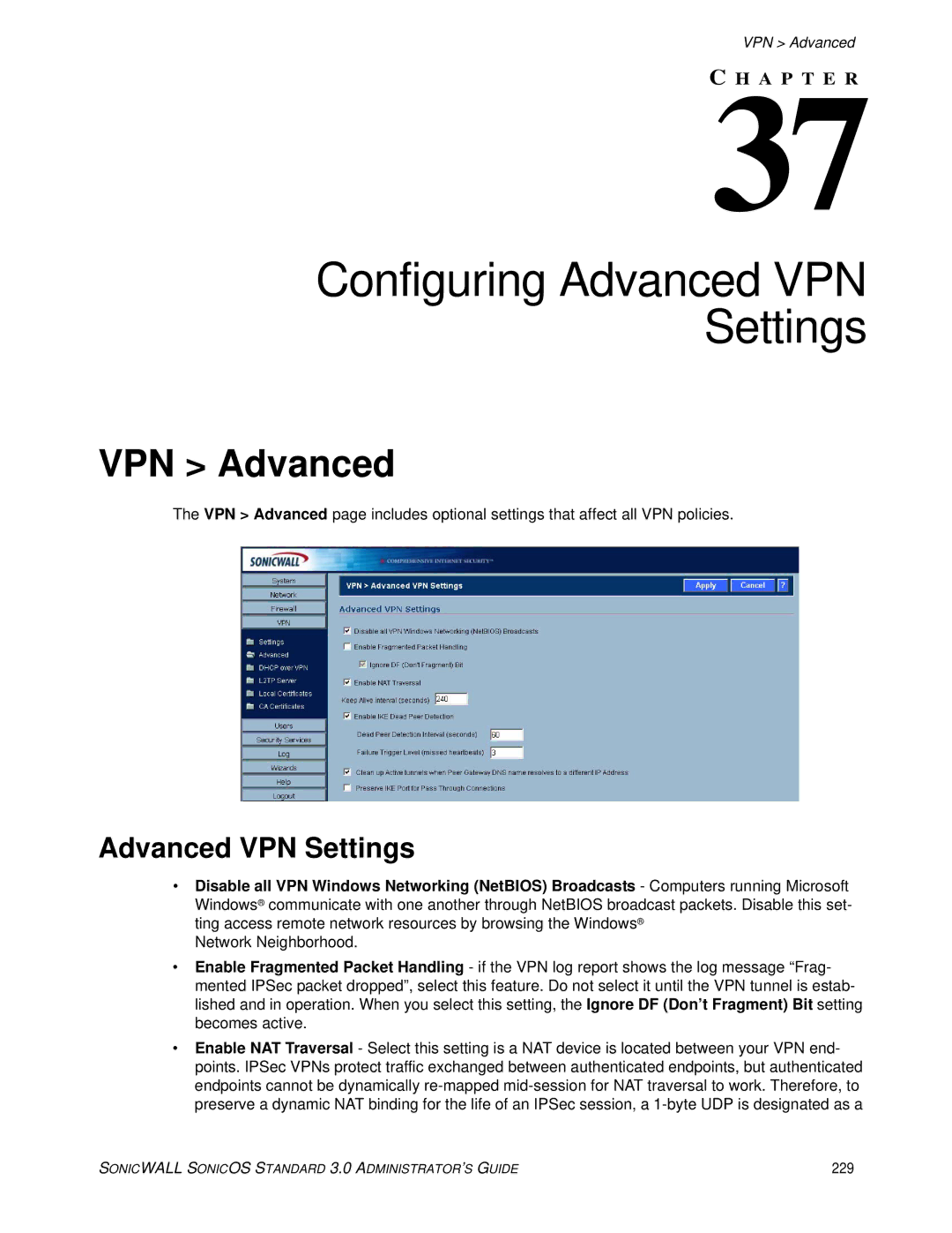 SonicWALL 3 manual Configuring Advanced VPN Settings, VPN Advanced, 229 