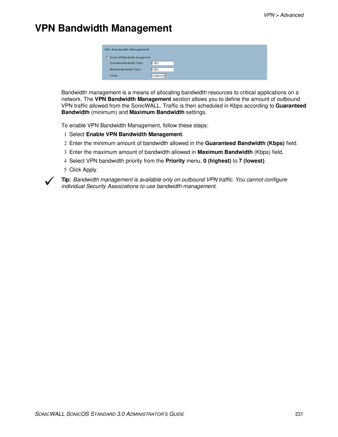 SonicWALL manual Select Enable VPN Bandwidth Management, 231 