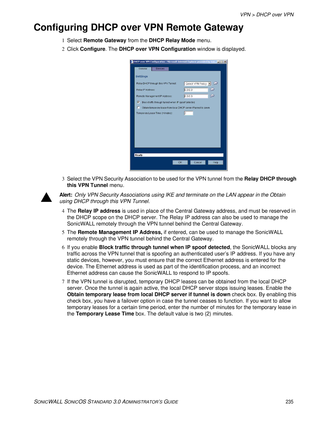 SonicWALL manual Configuring Dhcp over VPN Remote Gateway, 235 