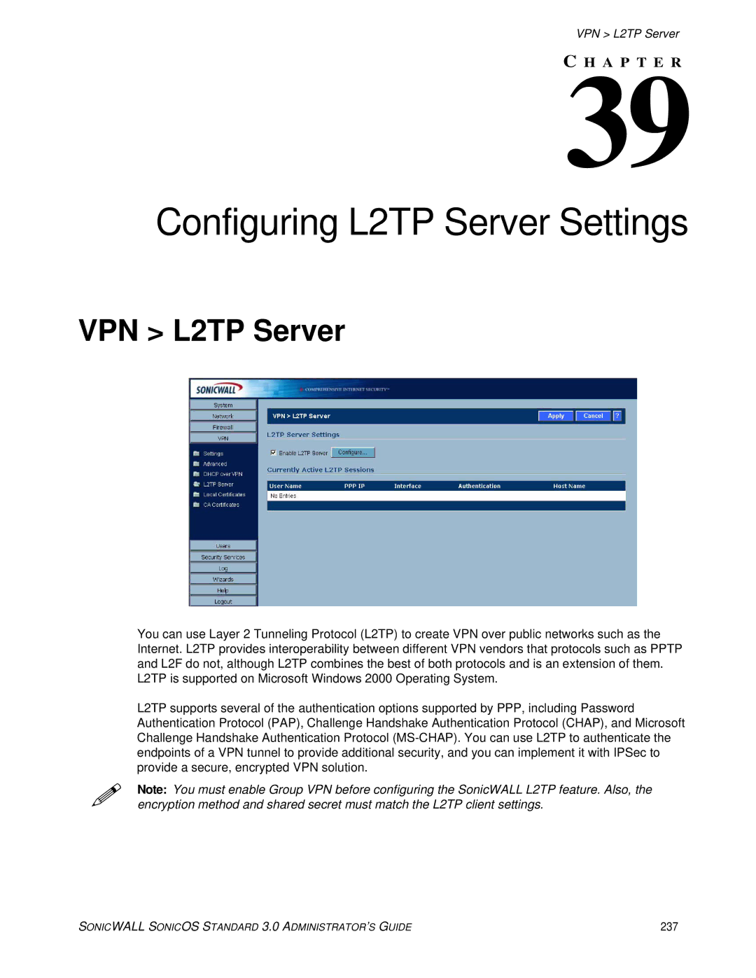 SonicWALL manual Configuring L2TP Server Settings, VPN L2TP Server, 237 