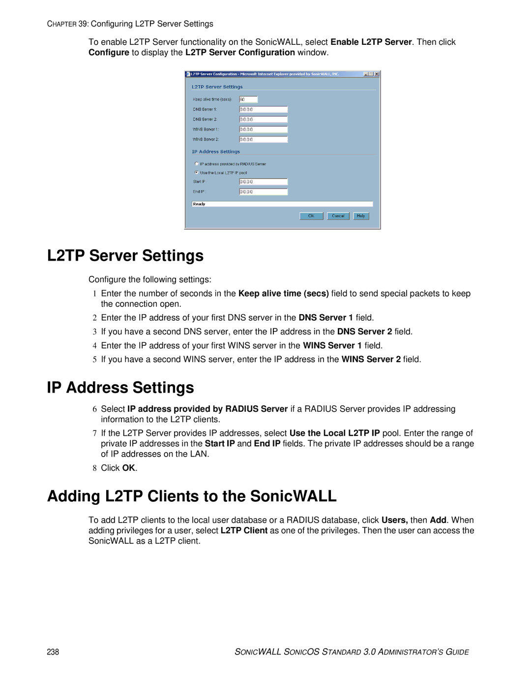 SonicWALL 3 manual L2TP Server Settings, IP Address Settings, Adding L2TP Clients to the SonicWALL 