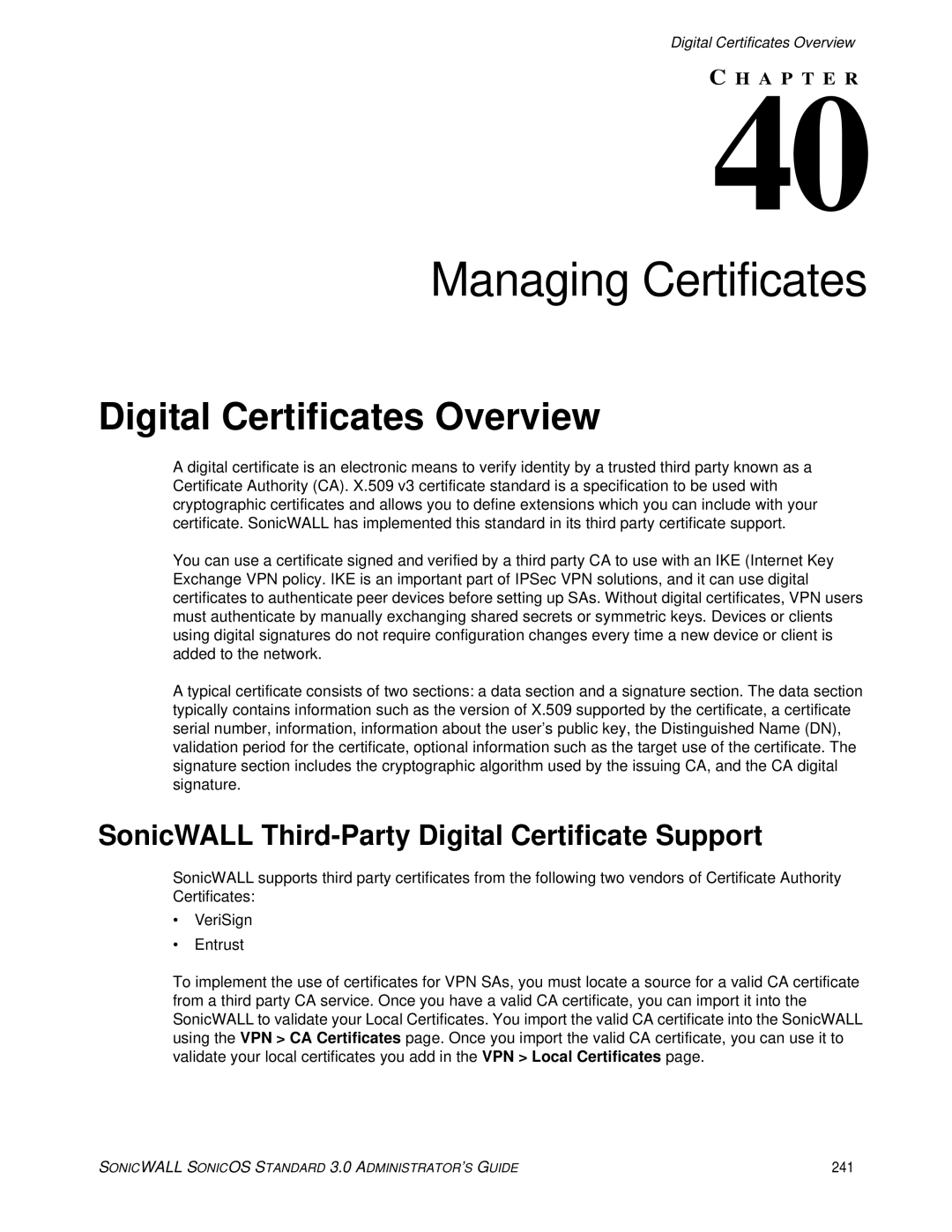 SonicWALL 3 Managing Certificates, Digital Certificates Overview, SonicWALL Third-Party Digital Certificate Support, 241 