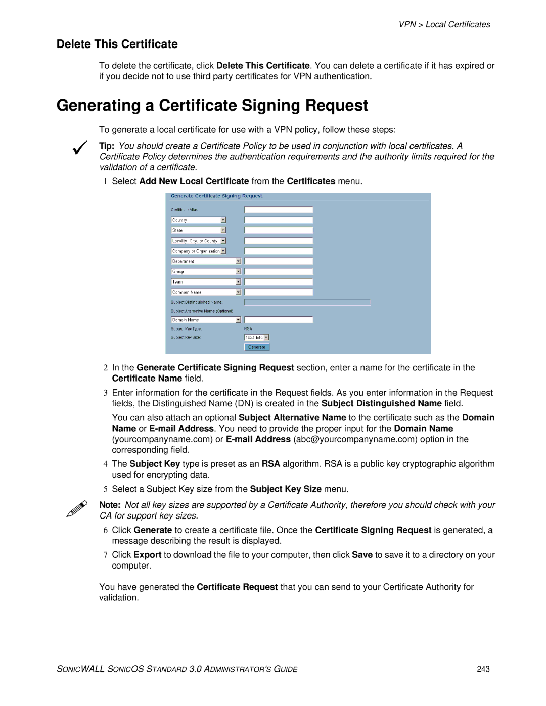 SonicWALL manual Generating a Certificate Signing Request, Delete This Certificate, VPN Local Certificates, 243 