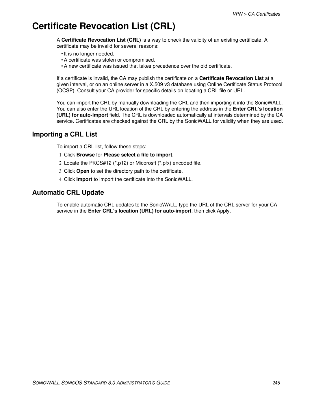 SonicWALL 3 manual Certificate Revocation List CRL, Importing a CRL List, Automatic CRL Update 