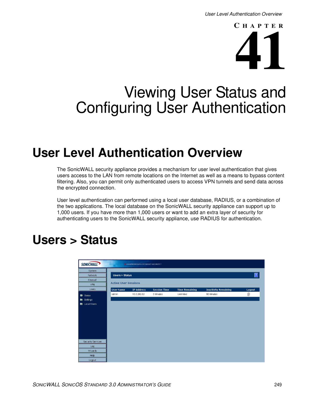 SonicWALL 3 manual User Level Authentication Overview, Users Status, 249 