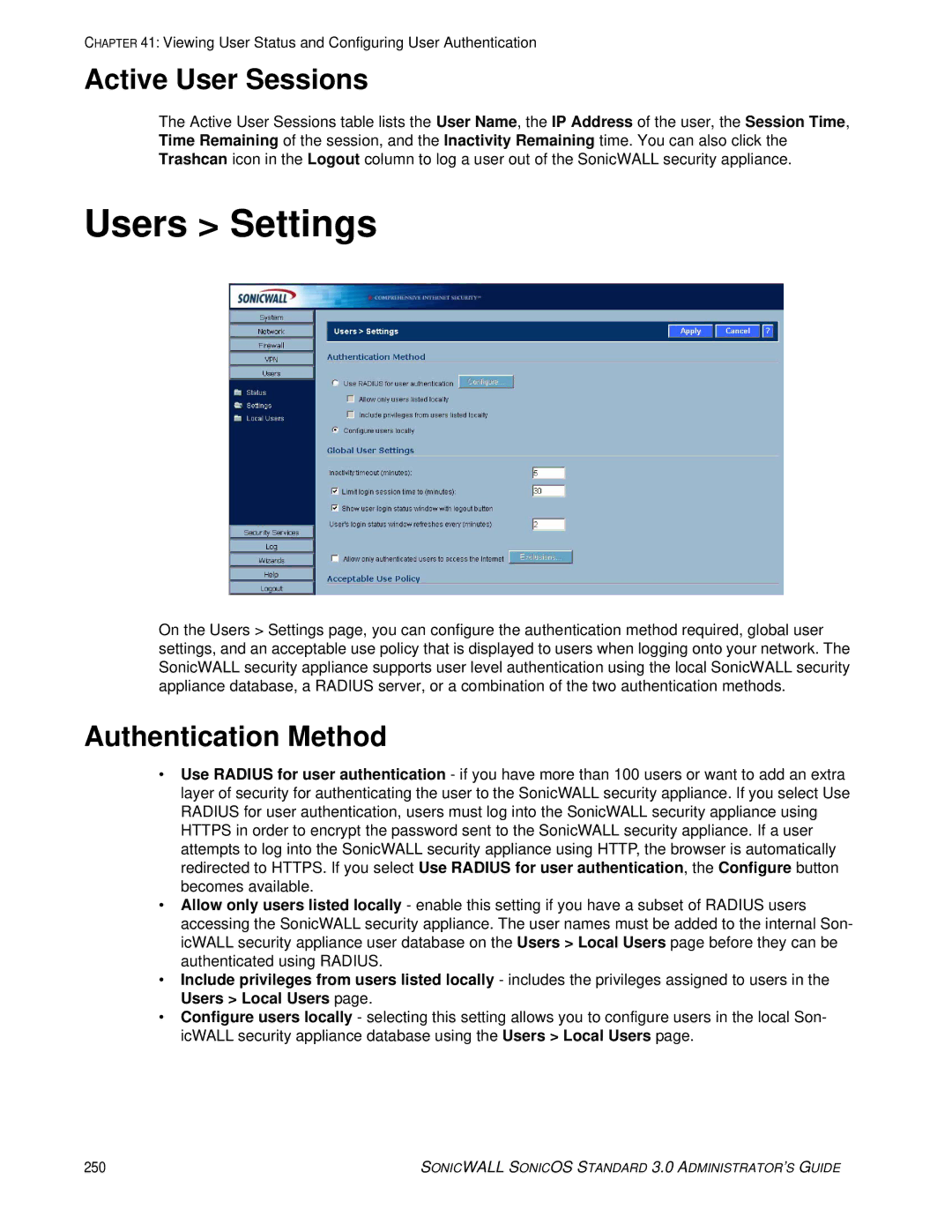 SonicWALL 3 manual Users Settings, Active User Sessions, Authentication Method 