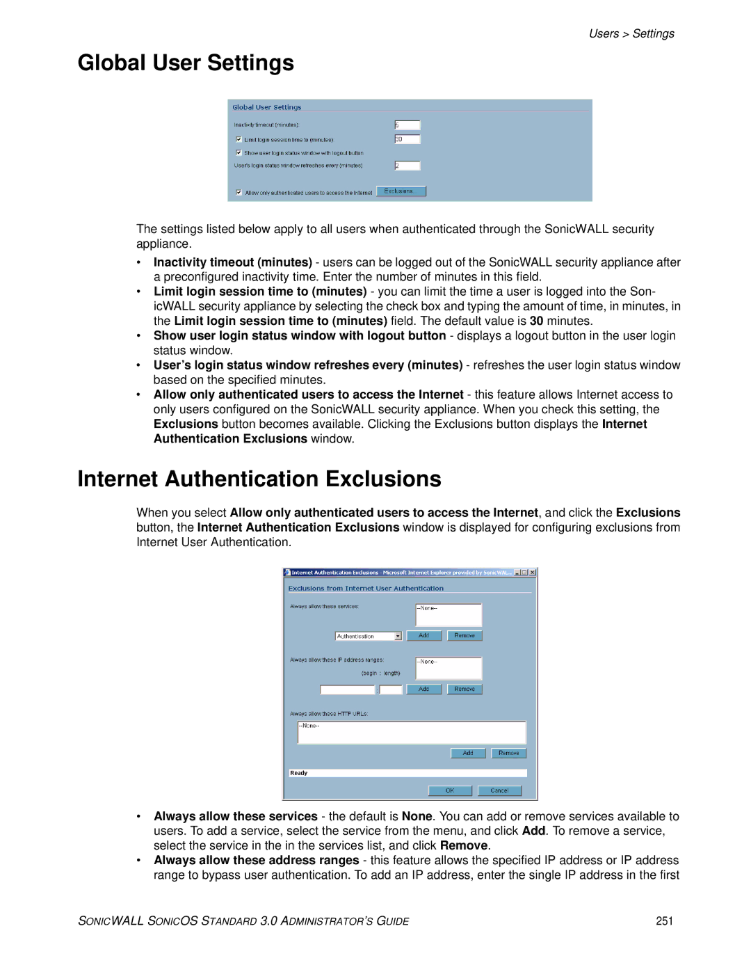 SonicWALL 3 manual Global User Settings, Internet Authentication Exclusions, Users Settings, 251 