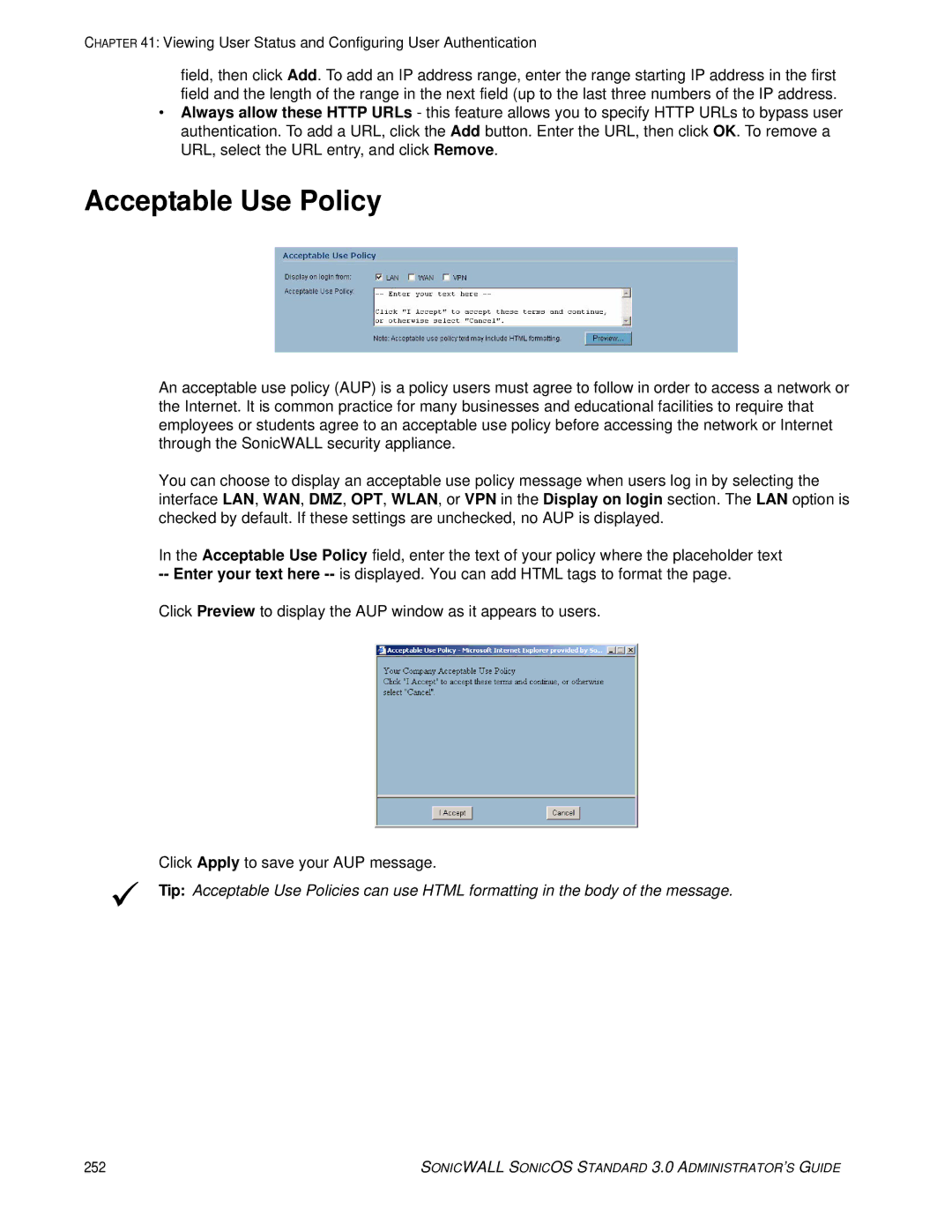 SonicWALL 3 manual Acceptable Use Policy 