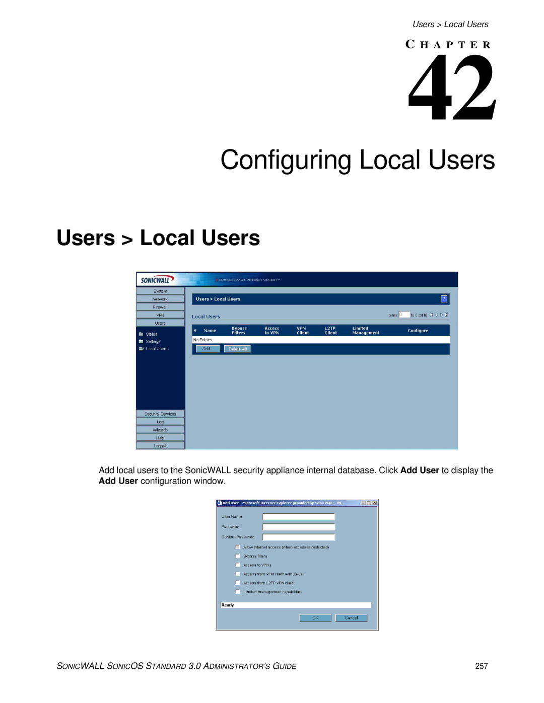 SonicWALL 3 manual Configuring Local Users, Users Local Users, 257 