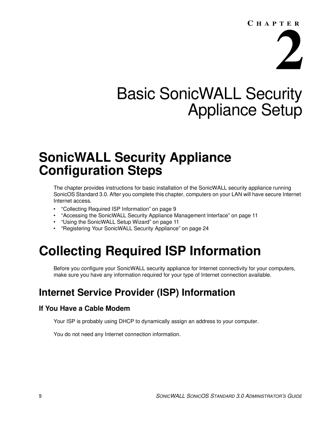 SonicWALL 3 manual Basic SonicWALL Security Appliance Setup, SonicWALL Security Appliance Configuration Steps 