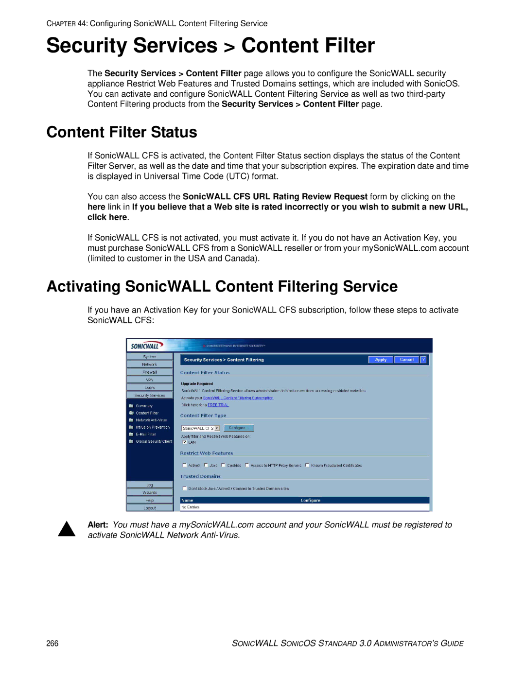 SonicWALL 3 manual Security Services Content Filter, Content Filter Status, Activating SonicWALL Content Filtering Service 