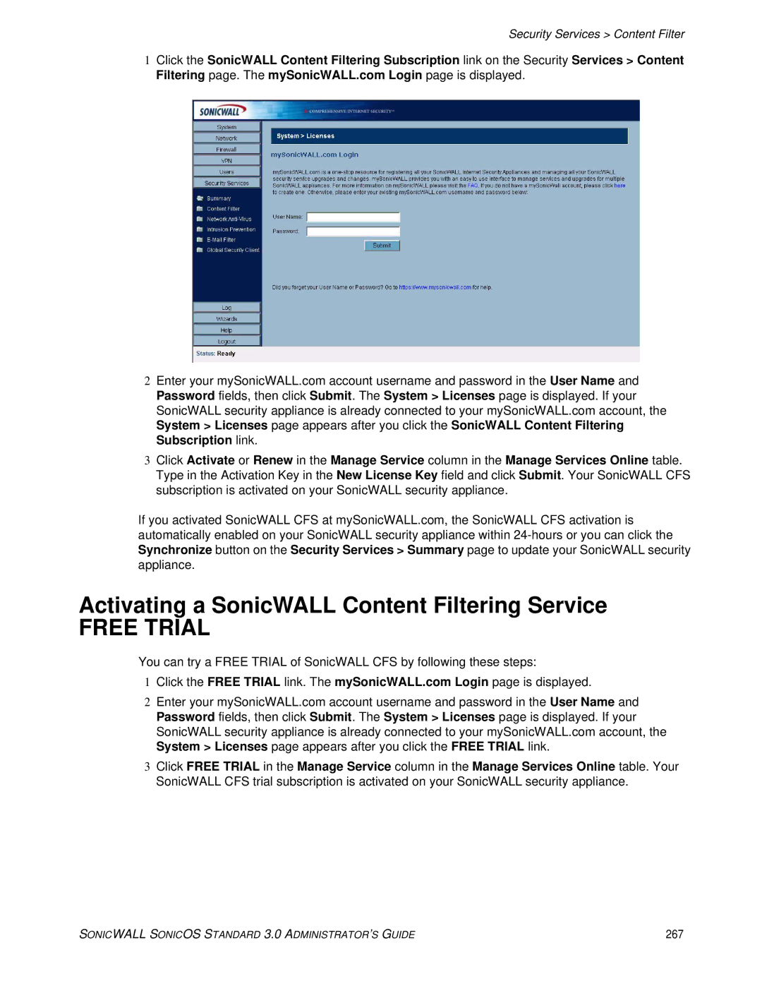 SonicWALL 3 manual Activating a SonicWALL Content Filtering Service, Security Services Content Filter, 267 