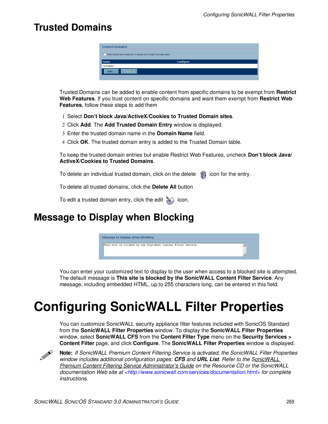 SonicWALL 3 manual Configuring SonicWALL Filter Properties, Trusted Domains, Message to Display when Blocking, 269 