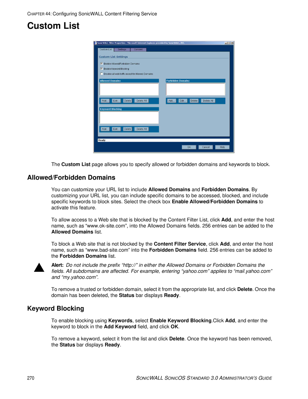 SonicWALL 3 manual Custom List, Allowed/Forbidden Domains, Keyword Blocking 