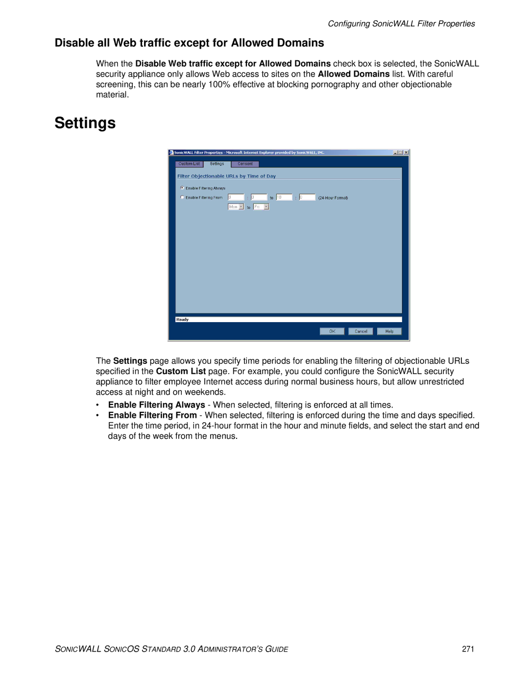 SonicWALL 3 manual Disable all Web traffic except for Allowed Domains, 271 