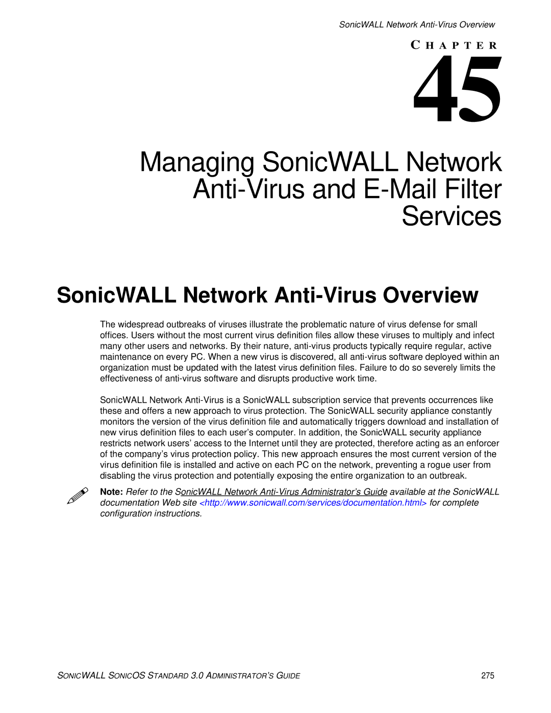 SonicWALL 3 manual SonicWALL Network Anti-Virus Overview, 275 