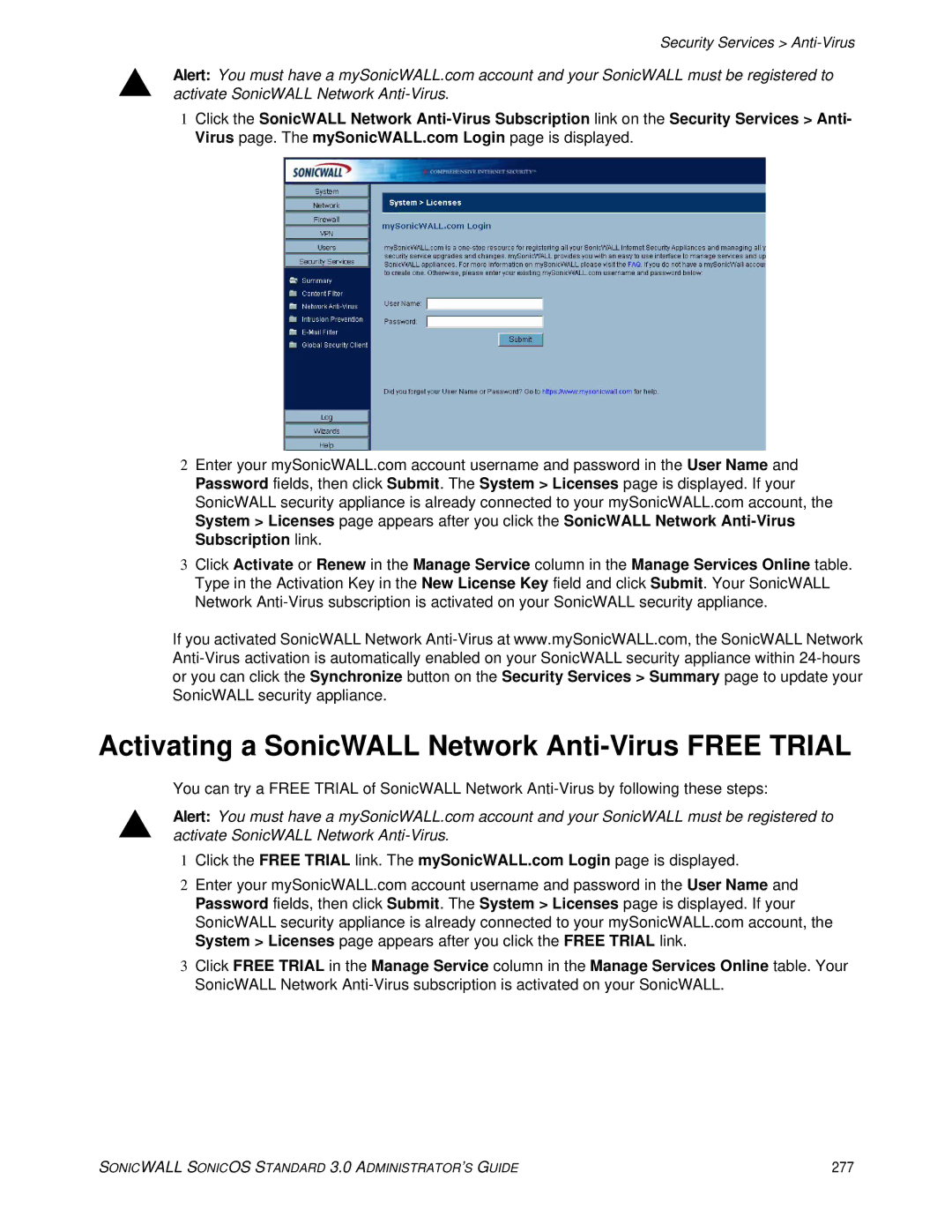 SonicWALL 3 manual Activating a SonicWALL Network Anti-Virus Free Trial, Security Services Anti-Virus, 277 