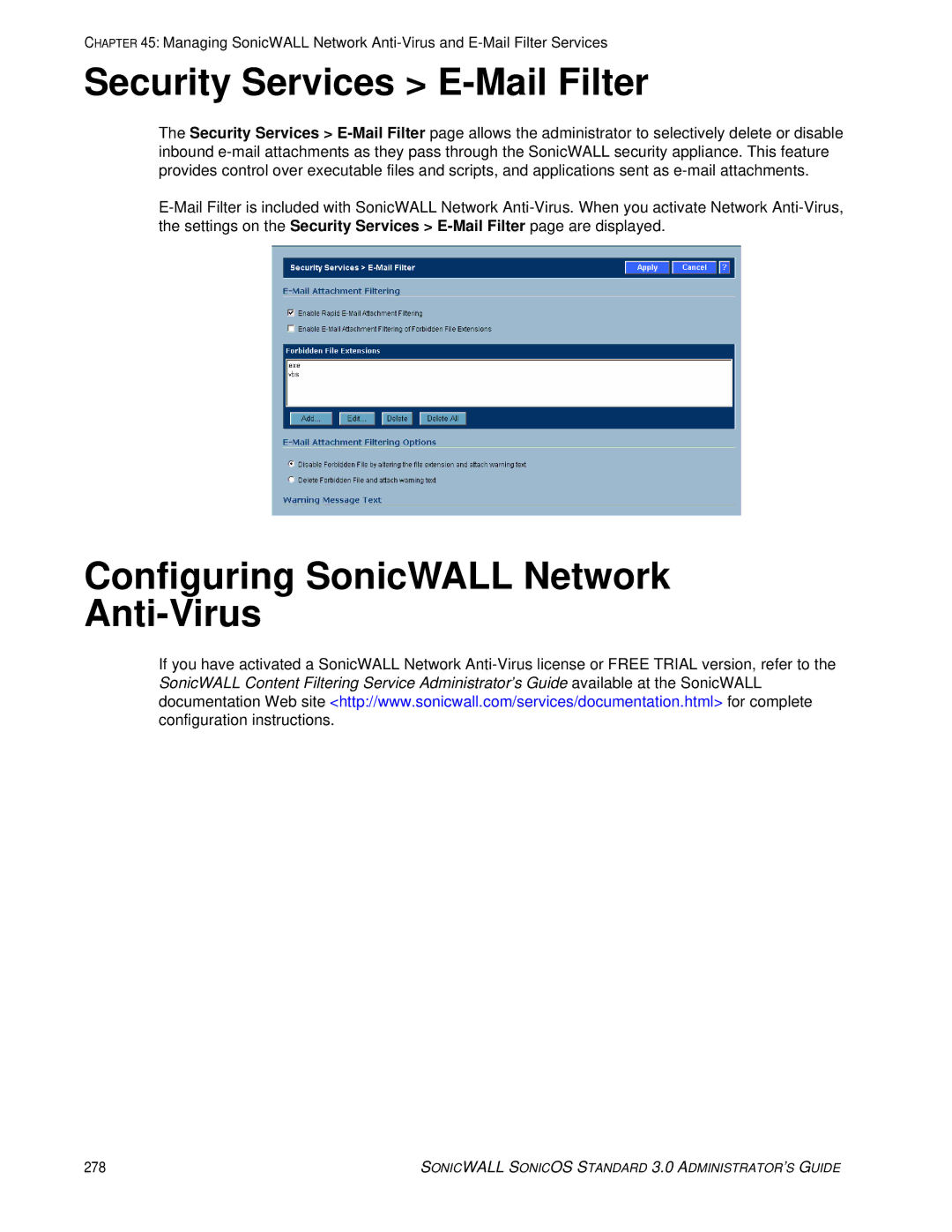 SonicWALL 3 manual Security Services E-Mail Filter, Configuring SonicWALL Network Anti-Virus 