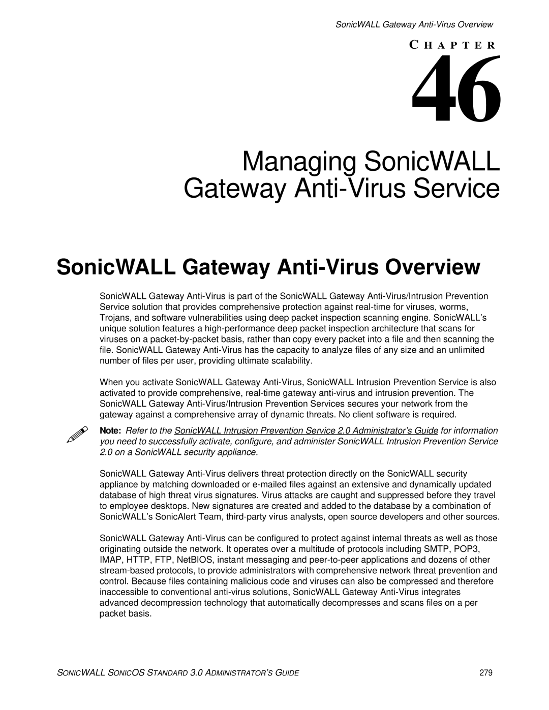 SonicWALL 3 manual Managing SonicWALL Gateway Anti-Virus Service, SonicWALL Gateway Anti-Virus Overview, 279 