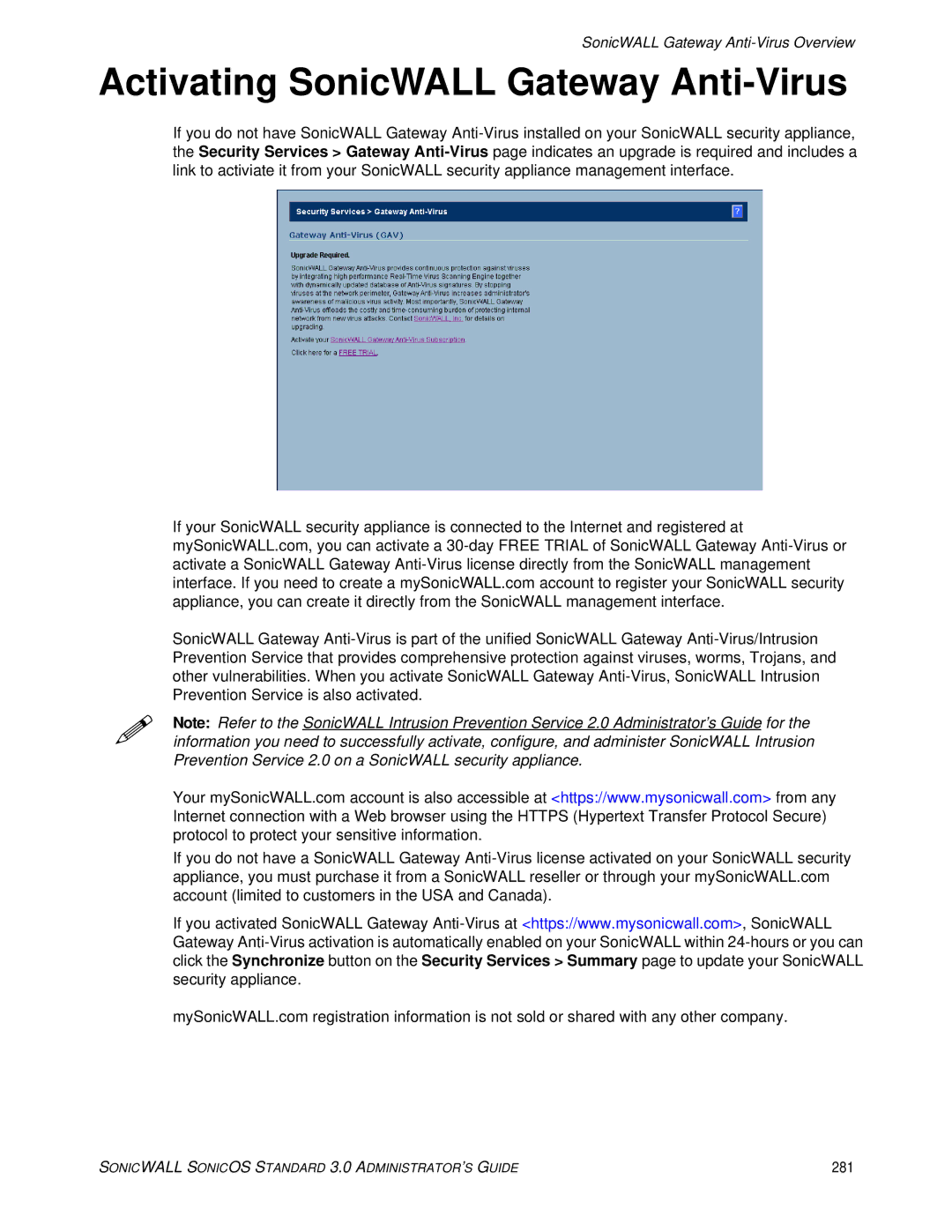 SonicWALL 3 manual Activating SonicWALL Gateway Anti-Virus, 281 