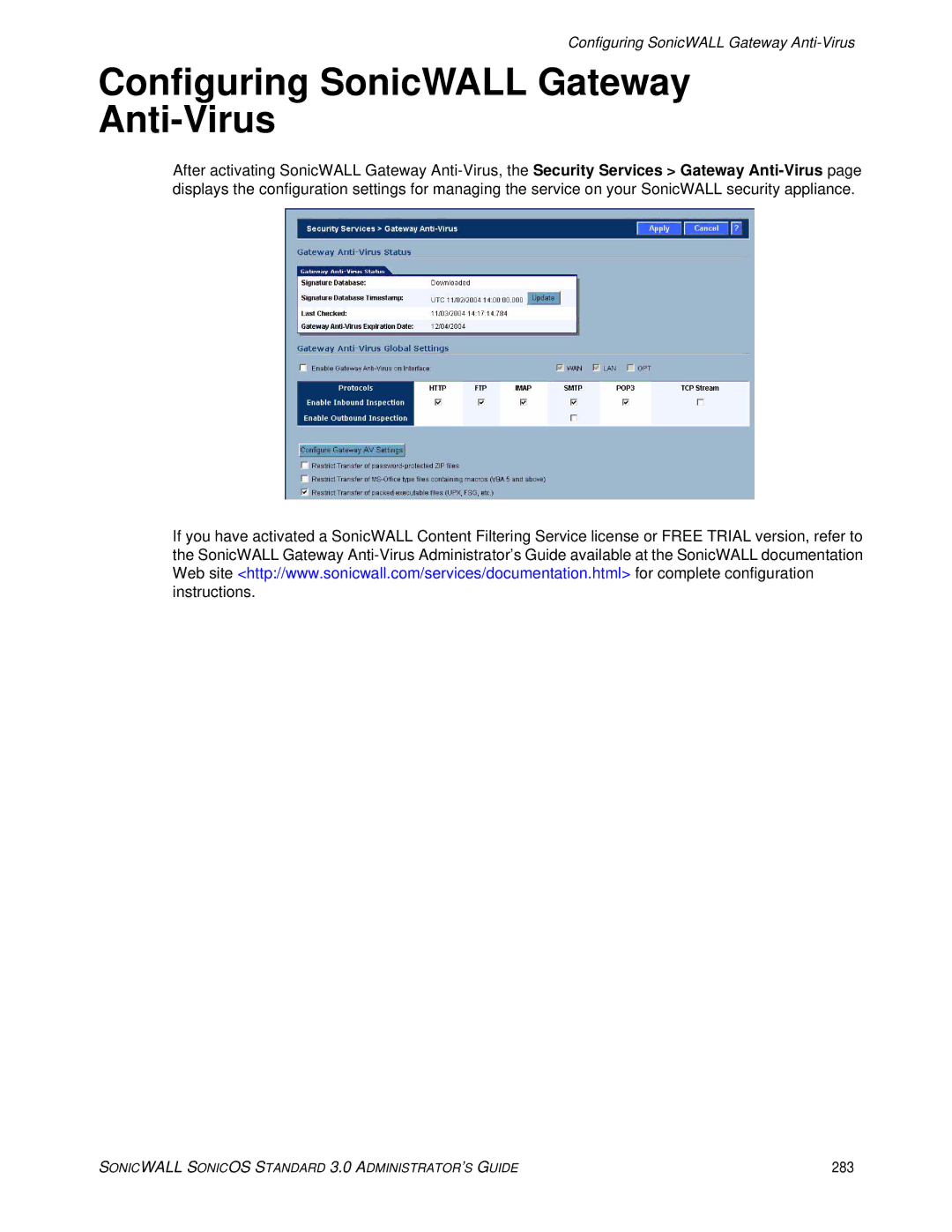 SonicWALL manual Configuring SonicWALL Gateway Anti-Virus, 283 