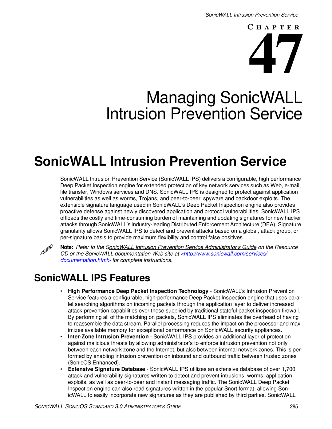 SonicWALL 3 manual Managing SonicWALL Intrusion Prevention Service, SonicWALL IPS Features, 285 