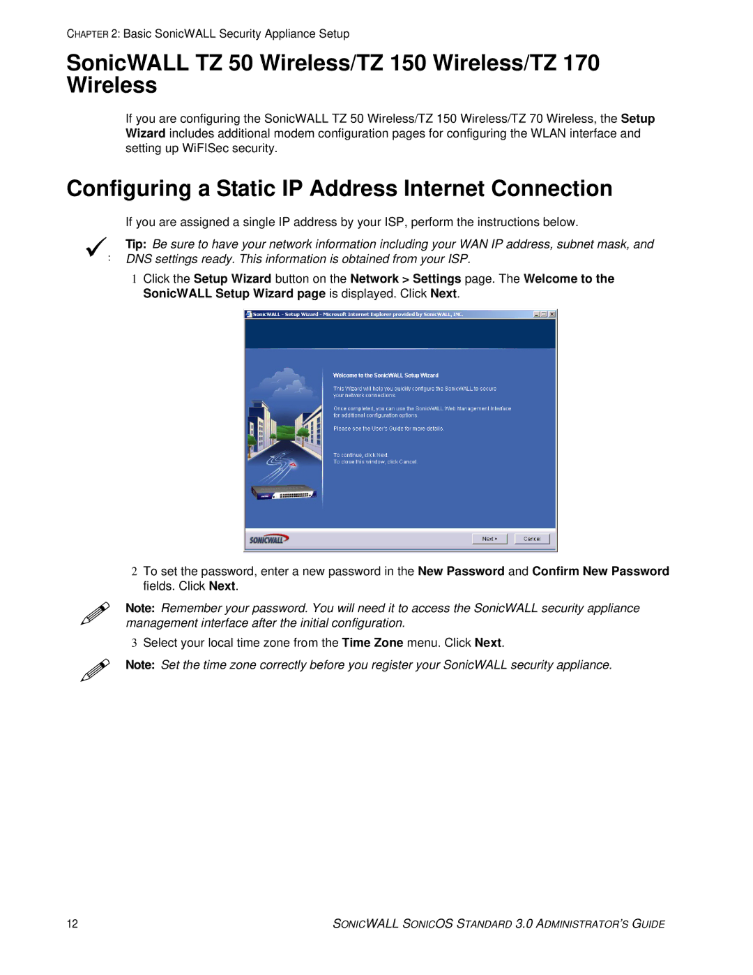 SonicWALL 3 SonicWALL TZ 50 Wireless/TZ 150 Wireless/TZ 170 Wireless, Configuring a Static IP Address Internet Connection 