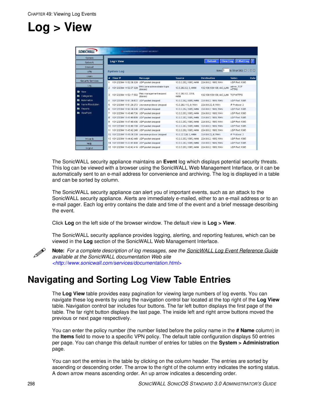 SonicWALL 3 manual Navigating and Sorting Log View Table Entries 