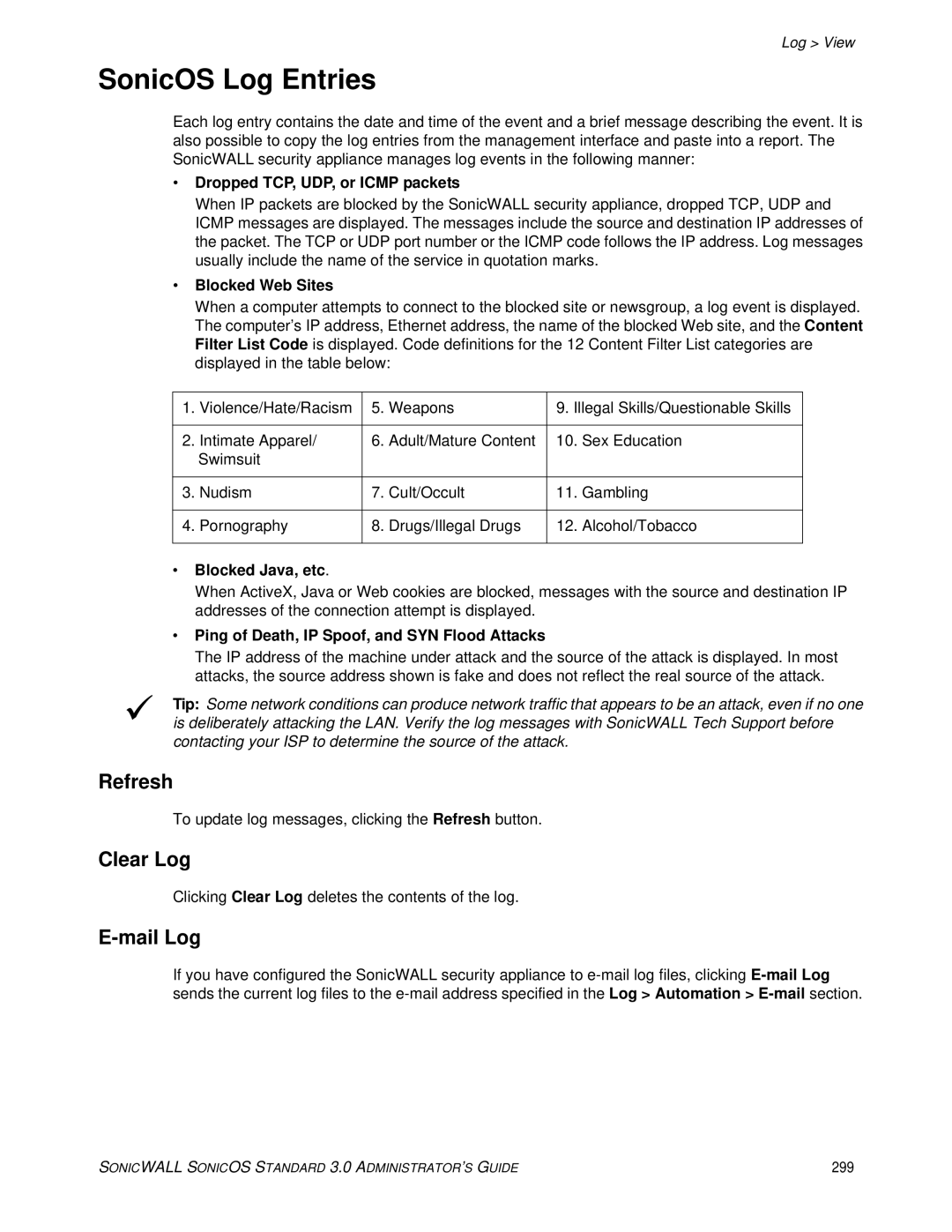 SonicWALL 3 manual SonicOS Log Entries, Refresh, Clear Log, Mail Log 