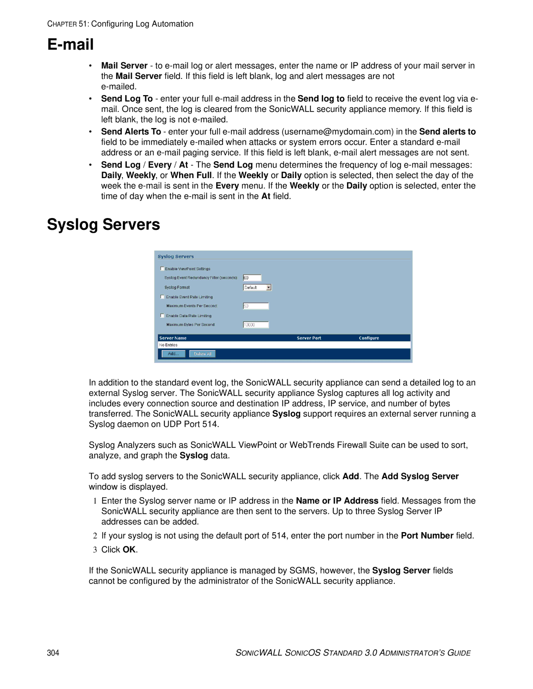 SonicWALL 3 manual Mail, Syslog Servers 