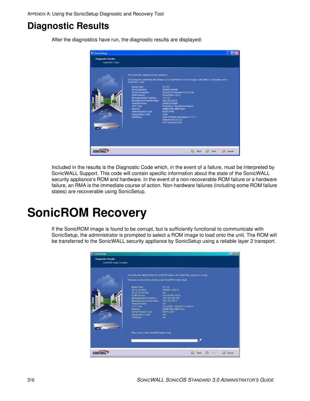 SonicWALL 3 manual SonicROM Recovery, Diagnostic Results 