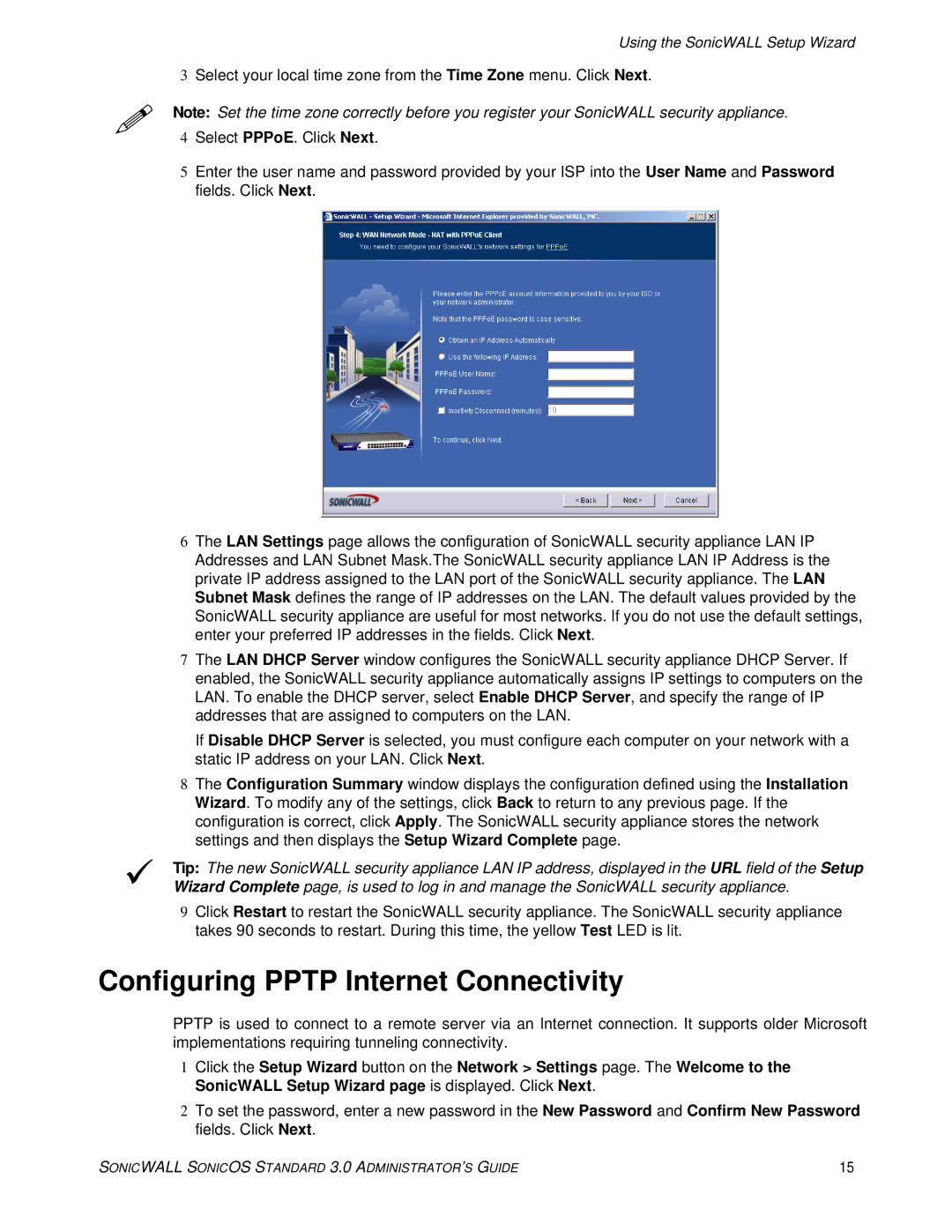 SonicWALL 3 manual Configuring Pptp Internet Connectivity 