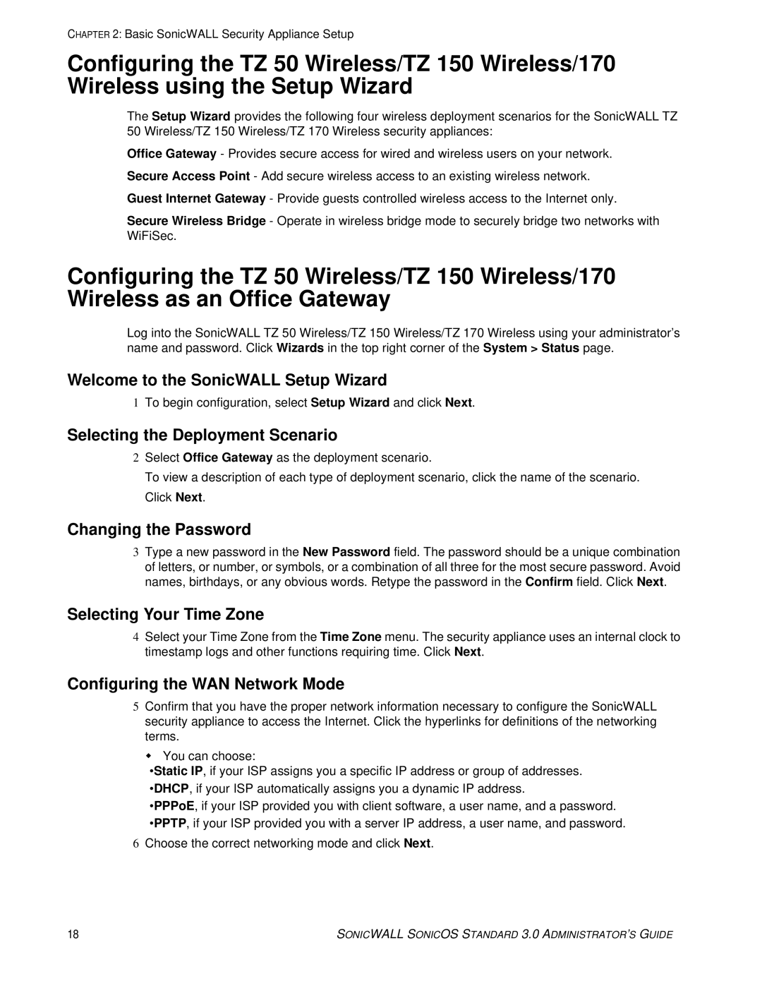 SonicWALL 3 manual Welcome to the SonicWALL Setup Wizard, Selecting the Deployment Scenario, Changing the Password 