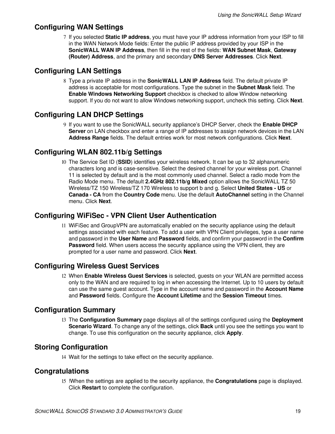 SonicWALL 3 manual Configuring WAN Settings, Configuring LAN Settings, Configuring LAN Dhcp Settings, Configuration Summary 