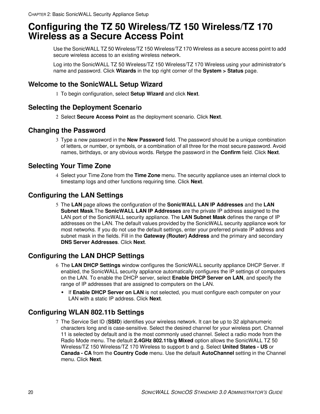 SonicWALL 3 manual Configuring the LAN Settings, Configuring the LAN Dhcp Settings, Configuring Wlan 802.11b Settings 