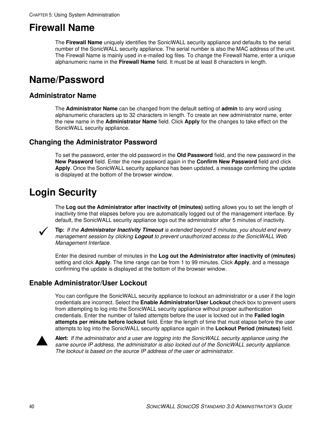 SonicWALL 3 manual Firewall Name, Name/Password, Login Security 