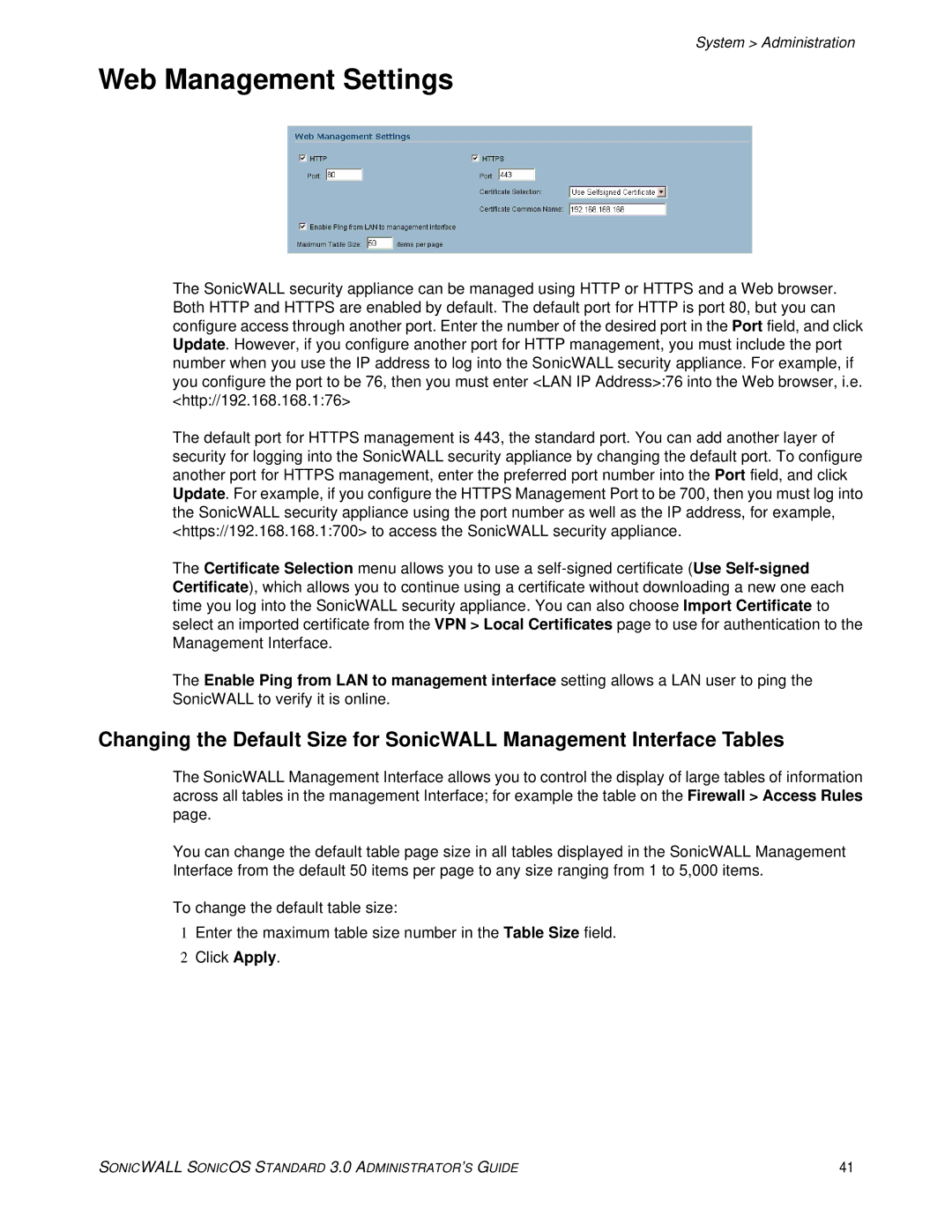 SonicWALL 3 manual Web Management Settings 