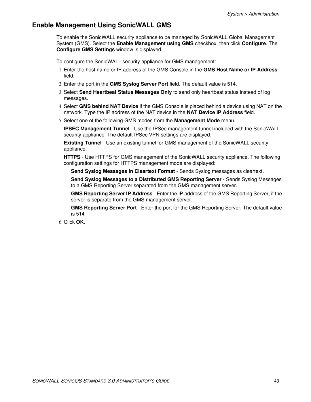 SonicWALL 3 manual Enable Management Using SonicWALL GMS 