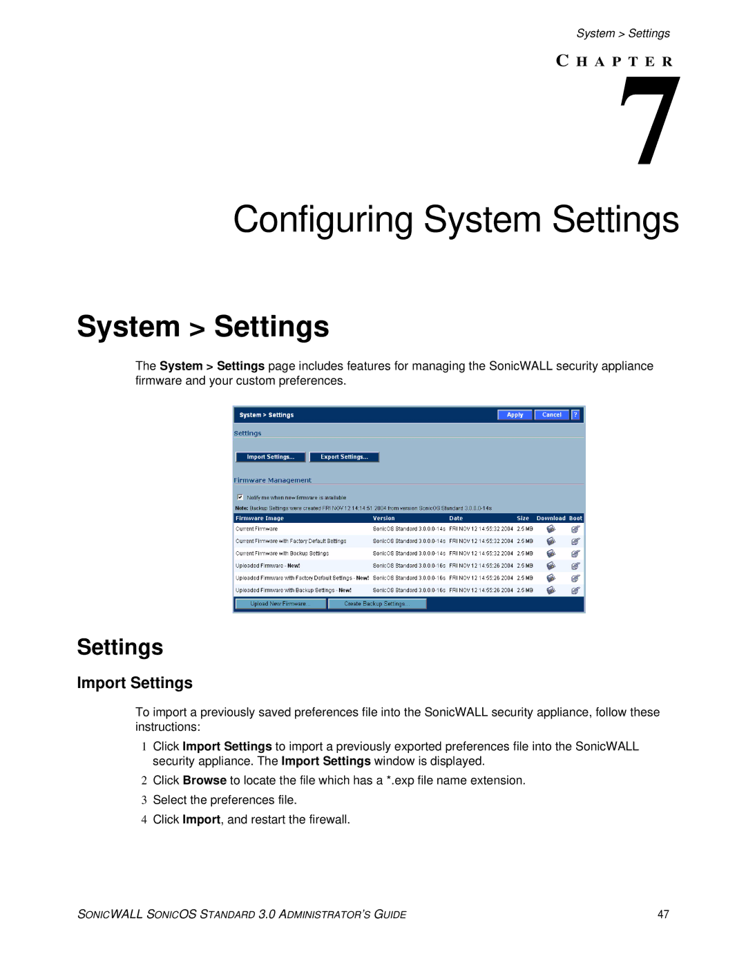 SonicWALL 3 manual Configuring System Settings, Import Settings 