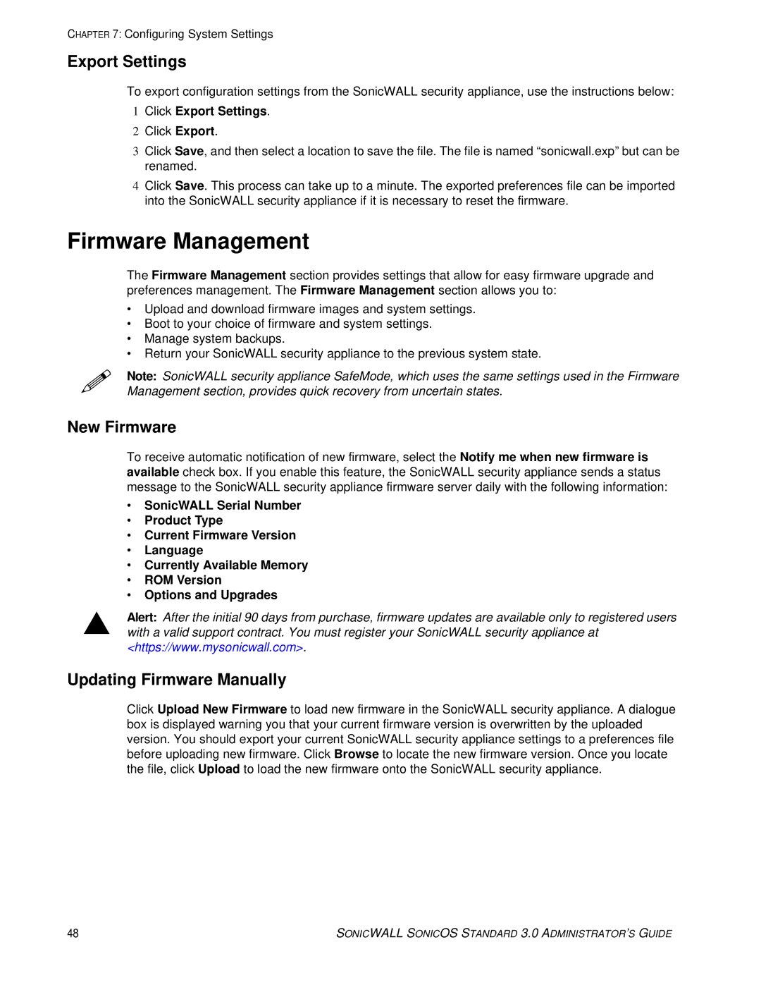 SonicWALL 3 manual Firmware Management, New Firmware, Updating Firmware Manually, Click Export Settings 