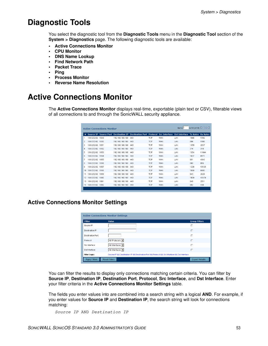 SonicWALL 3 manual Diagnostic Tools, Active Connections Monitor Settings 