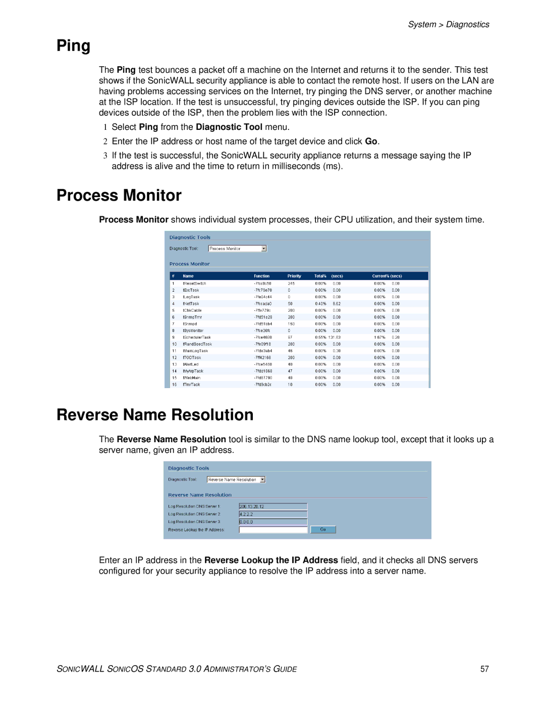 SonicWALL 3 manual Ping, Process Monitor, Reverse Name Resolution 