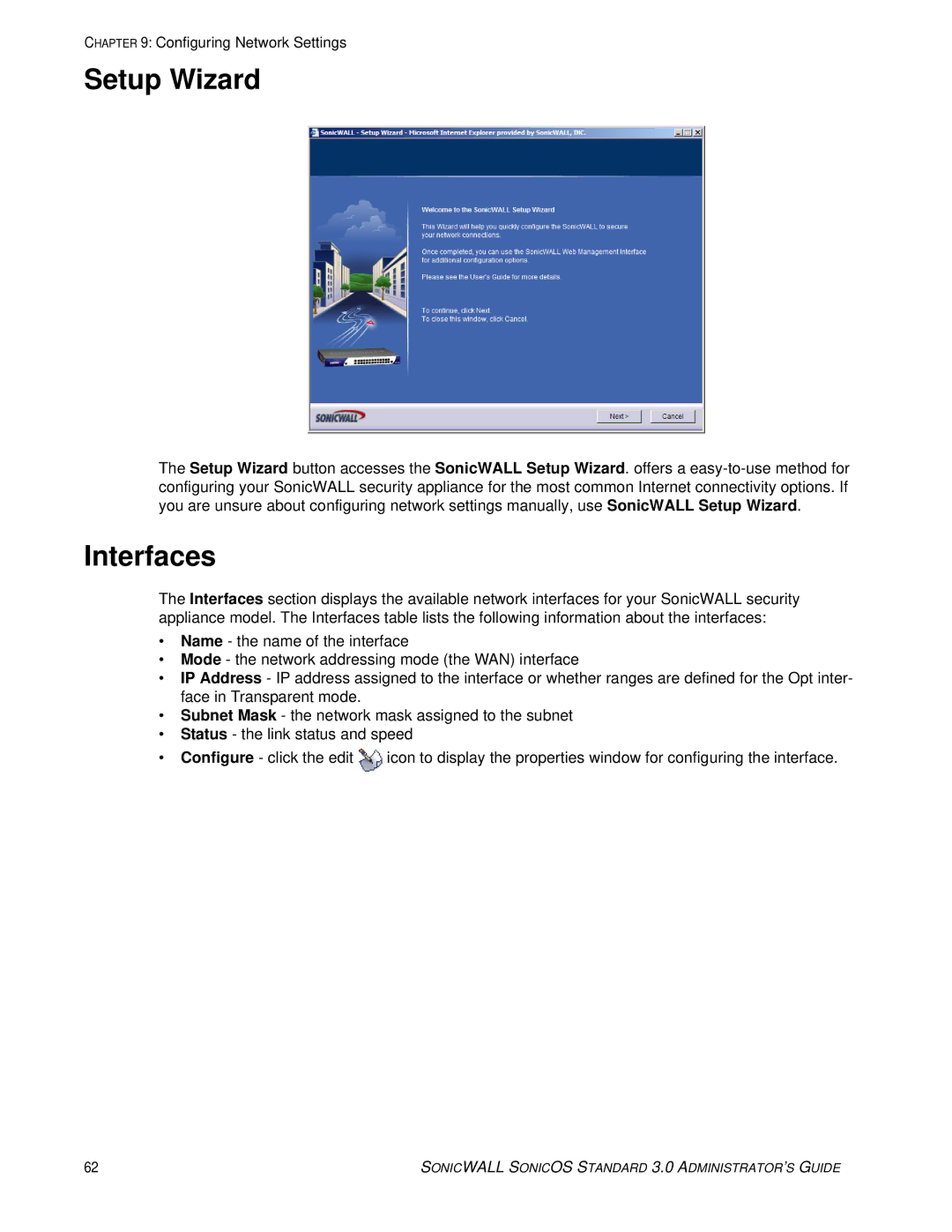 SonicWALL 3 manual Setup Wizard, Interfaces 