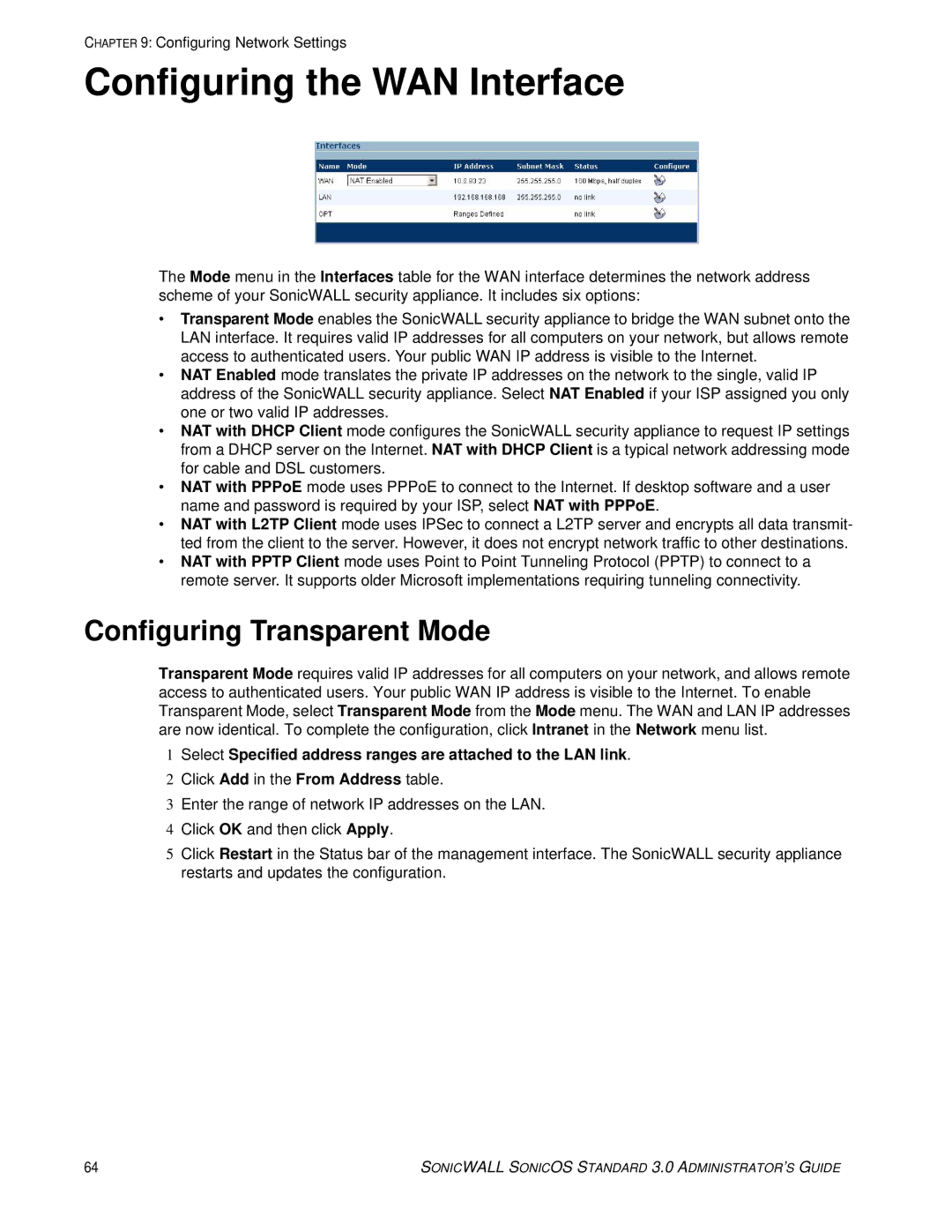 SonicWALL 3 manual Configuring the WAN Interface, Configuring Transparent Mode 